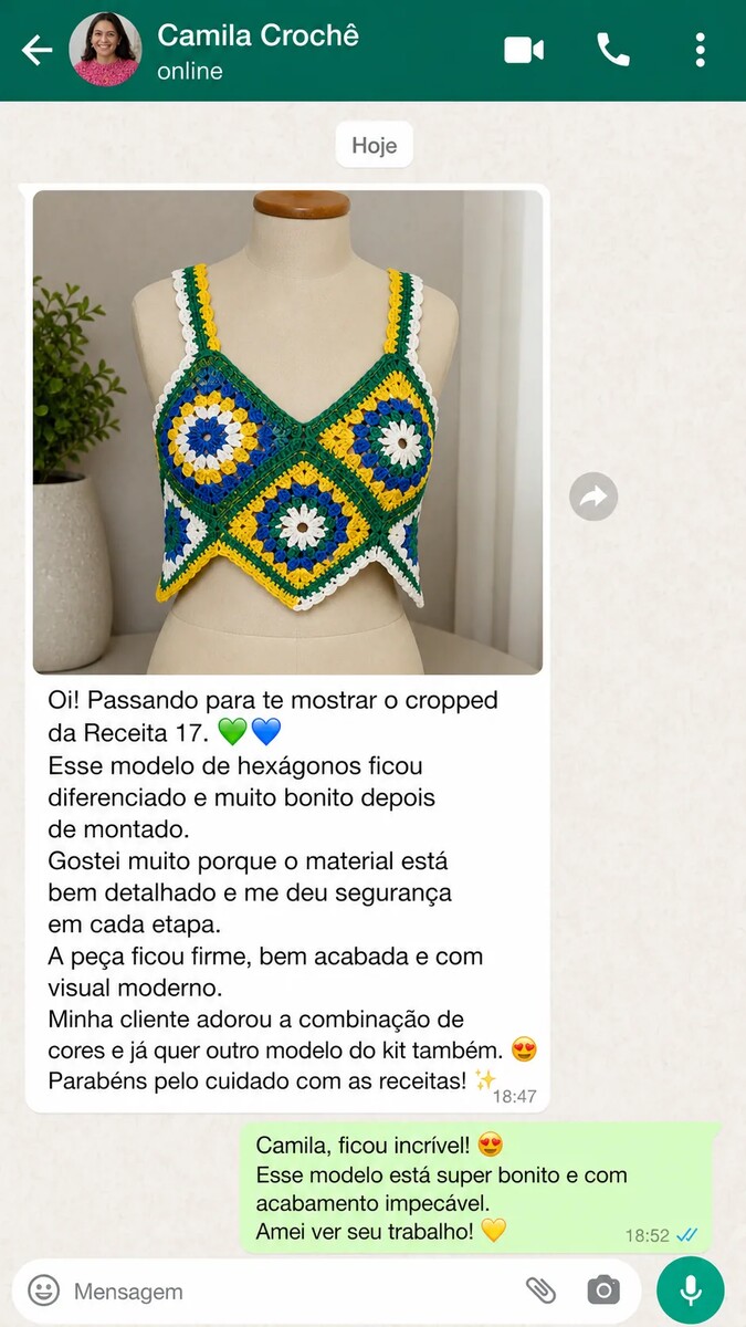 Conversa real no WhatsApp com Camila Crochê